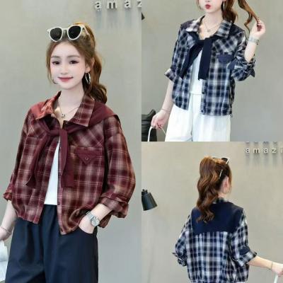 Women's Plaid Button-Up Shirt with Removable Knit Shawl